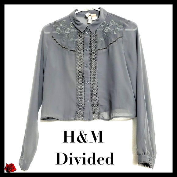 Divided Tops - H&M Divided:Size:6/Gray Sheer Embroider Blouse